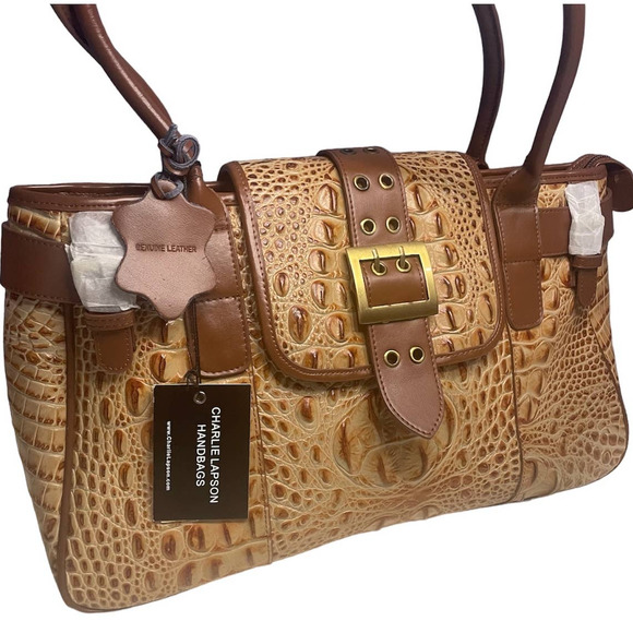 Charlie Lapson Leather Handbag DEFECT Croc Embossed Satchel NWT - Picture 1 of 16